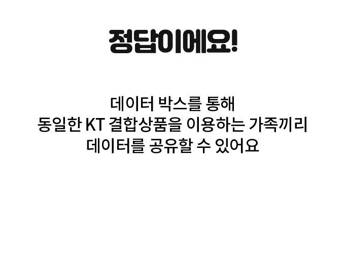 정답이에요! 패밀리박스에서는 가족이 담은 데이터, 보너스 데이터, 리워드 데이터 등 박스에 담긴 데이터를 꺼내기 할 때 용량 제한 없이 100MB 단위로 꺼내 쓸 수 있어요.