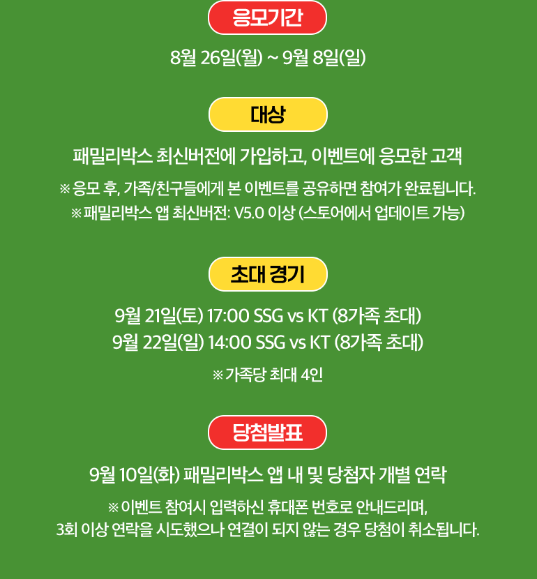 응모기간:8월 20일(화) ~ 9월 1일(일). 대상:패밀리박스 최신버전에 가입하고, 이벤트에 응모한 고객 ※ 응모 후, 가족/친구들에게 본 이벤트를 공유하면 참여가 완료됩니다. ※ 패밀리박스 앱 최신버전: v5.0 이상 (스토어에서 업데이트 가능). 초대 경기:9월 21일(토) 17:00 SSG vs KT (8가족 초대), 9월 22일(일) 14:00 SSG vs KT (8가족 초대). ※ 가족당 최대 4인. 당첨발표:9월 3일(화) 패밀리박스 앱 내 및 당첨자 개별 연락 ※ 이벤트 참여시 입력하신 휴대폰 번호로 안내드리며, 3회 이상 연락을 시도했으나 연결이 되지 않는 경우 당첨이 취소됩니다.