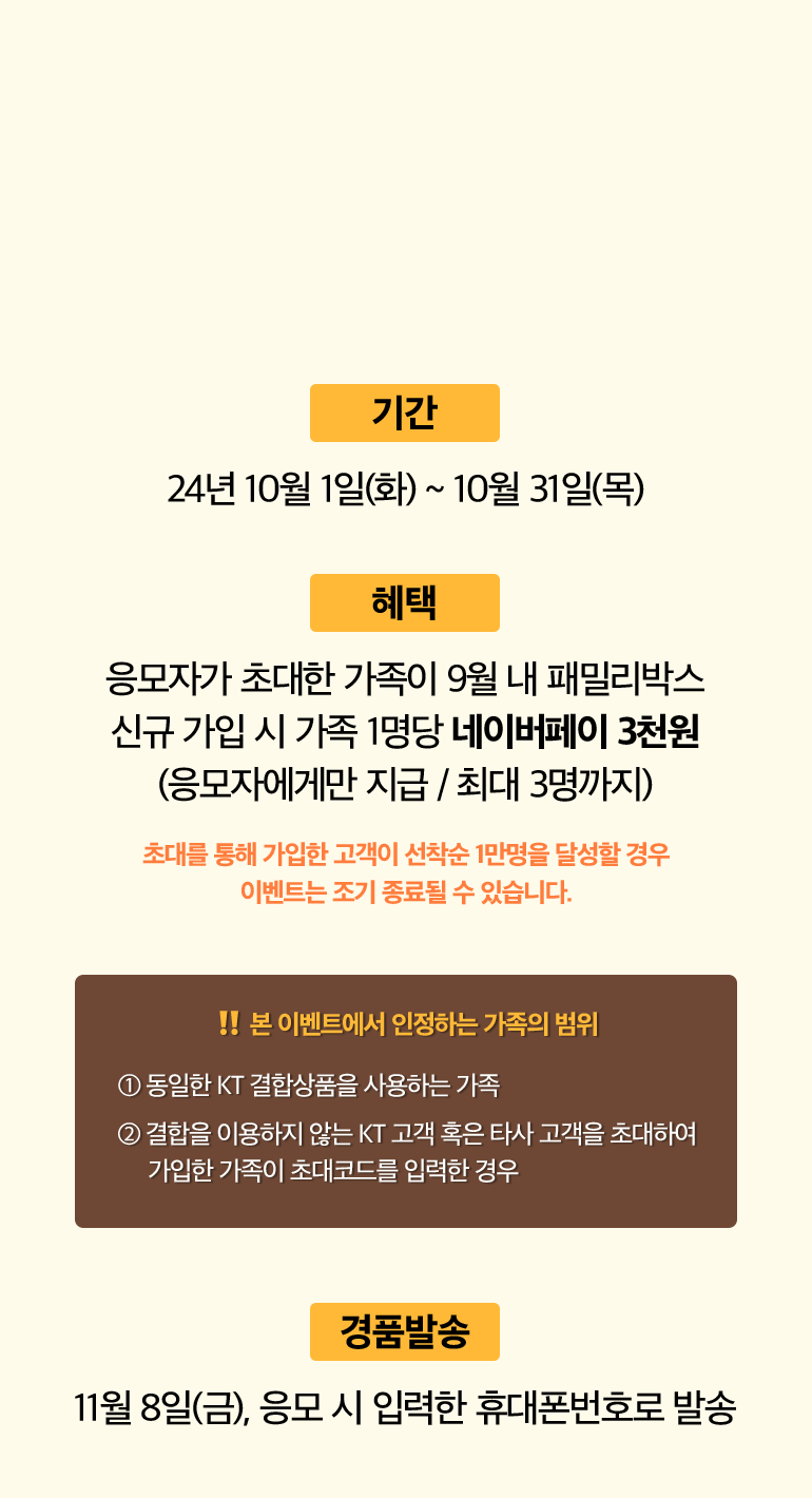 기간:24년 10월 1일(화) ~ 10월 31일(목). 혜택:응모자가 초대한 가족이 9월 내 패밀리박스 신규 가입 시 가족 1명당 네이버페이 3천원 (응모자에게만 지급 / 최대 3명까지). 초대를 통해 가입한 고객이 선착순 1만명을 달성할 경우 이벤트는 조기 종료될 수 있습니다. 본 이벤트에서 인정하는 가족의 범위. ① 동일한 KT 결함상품을 이용하는 가족. ② 결합을 이용하지 않는 KT 고객 혹은 타사 고객을 초대하여, 가입한 가족이 초대코드를 입력한 경우. 경품발송:11월 8일(금), 응모 시 입력한 휴대폰번호로 발송.