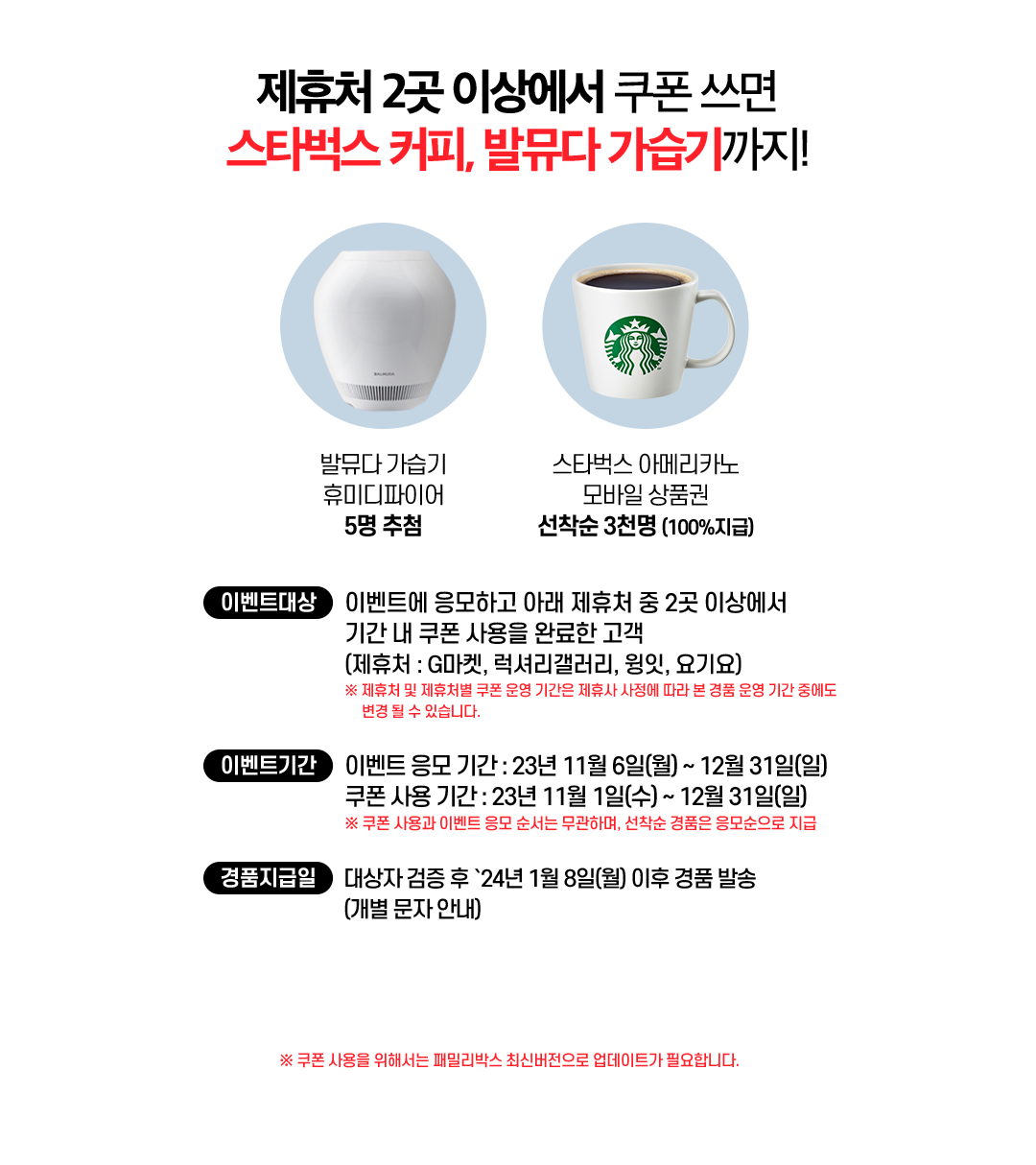 제휴처 2곳 이상에서 쿠폰 쓰면 스타벅스 커피, 발뮤다 가습기까지! 발뮤다 가습기 휴미디파이어 5명 추첨. 스타벅스 아메리카노 모바일 상품권 선착순 3천명 (100%지급). 이벤트대상:이벤트에 응모하고 아래 제휴처 중 2곳 이상에서 기간 내 쿠폰 사용을 완료한 고객 (제휴처 : G마켓, 럭셔리갤러리, 윙잇, 요기요) ※ 제휴처 및 제휴처별 쿠폰 운영 기간은 제휴사 사정에 따라 본 경품 운영 기간 중에도 변경 될 수 있습니다.. 이벤트기간:이벤트 응모 기간 : 23년 11월 6일(월) ~ 12월 31일(일). 쿠폰 사용 기간 : 23년 11월 1일(수) ~ 12월 31일(일). ※ 쿠폰 사용과 이벤트 응모 순서는 무관하며, 선착순 경품은 응모순으로 지급. 경품지급일:대상자 검증 후 `24년 1월 8일(월) 이후 경품 발송. (개별 문자 안내). ※ 쿠폰 사용을 위해서는 패밀리박스 최신버전으로 업데이트가 필요합니다.